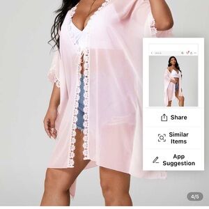 Sheer Lace-Trim Kimono Robe - Pink